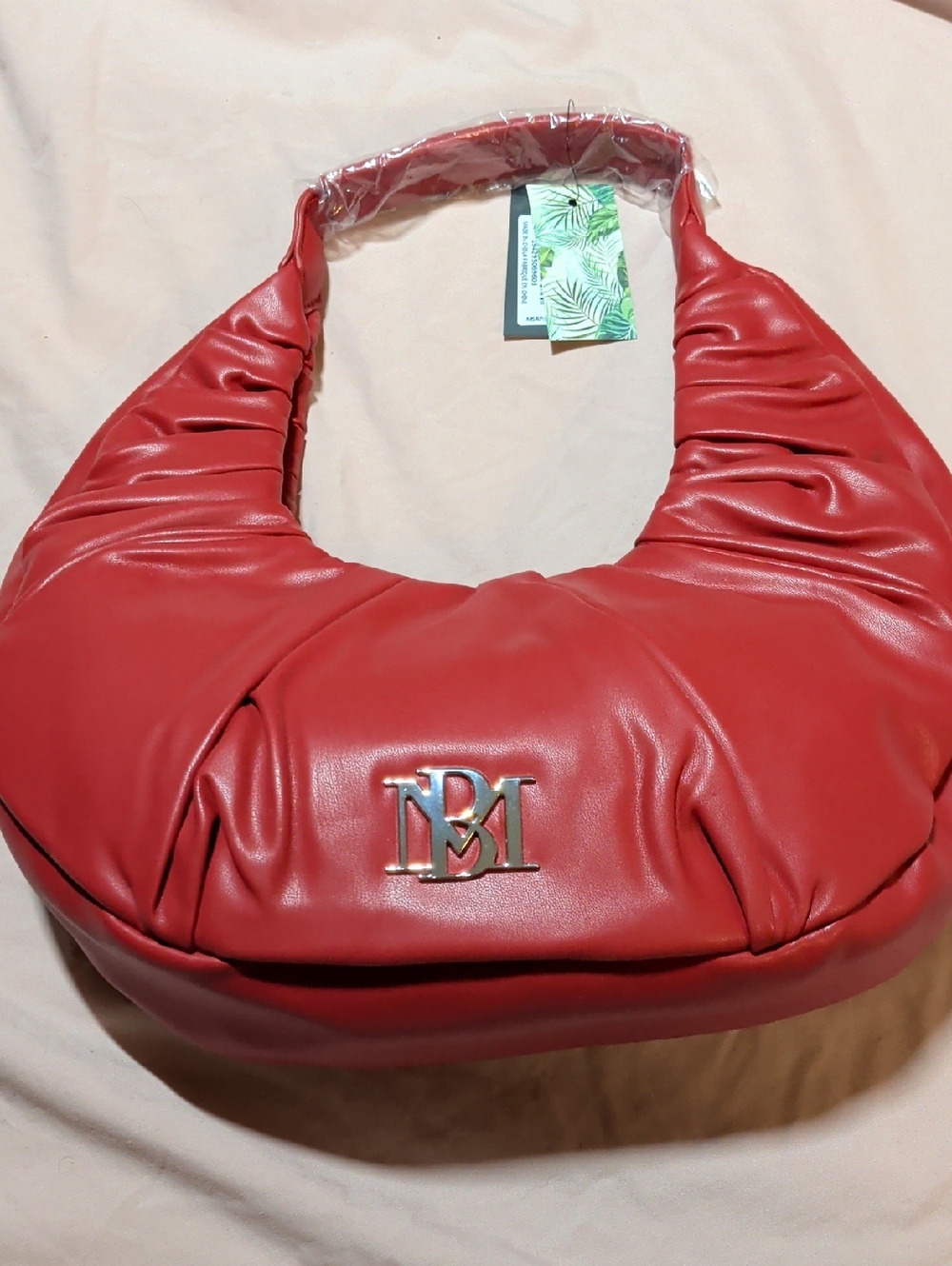 Badgley Mischka Red Women's Hobo Shoulder Bag with Metal Monogram